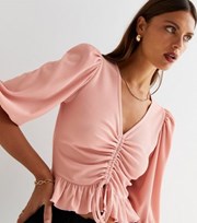 New Look Pink Ribbed Ruched Tie Front Crop Top